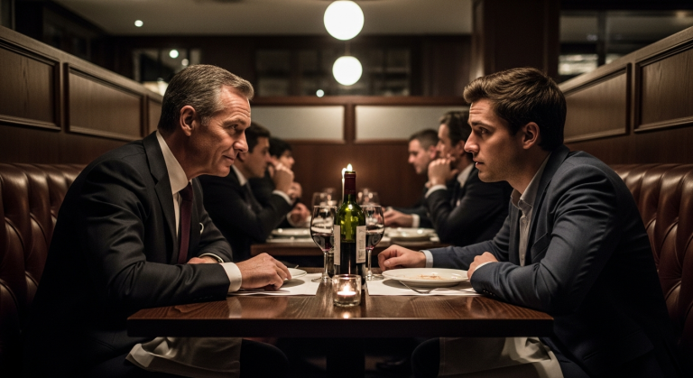 Two men in a private conversation at an upscale Paris restaurant, one persuasive and confident, the other uncertain