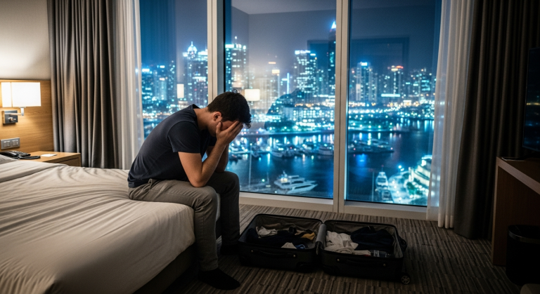 A young man alone in a Dubai hotel room, overwhelmed and isolated, city skyline visible through the windows