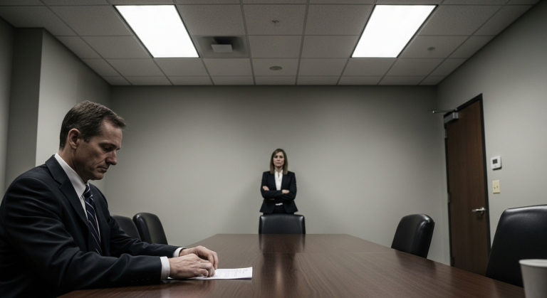 An executive in a stark law office conference room facing a critical legal decision, his attorney standing nearby
