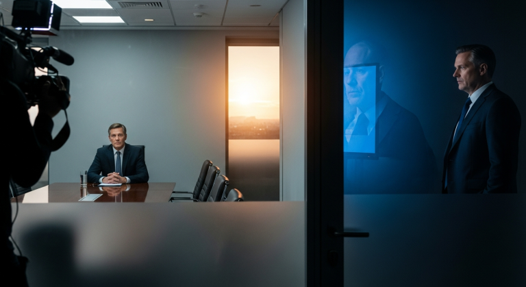 Two rival executives separated by a glass wall, one being deposed while the other watches on a monitor